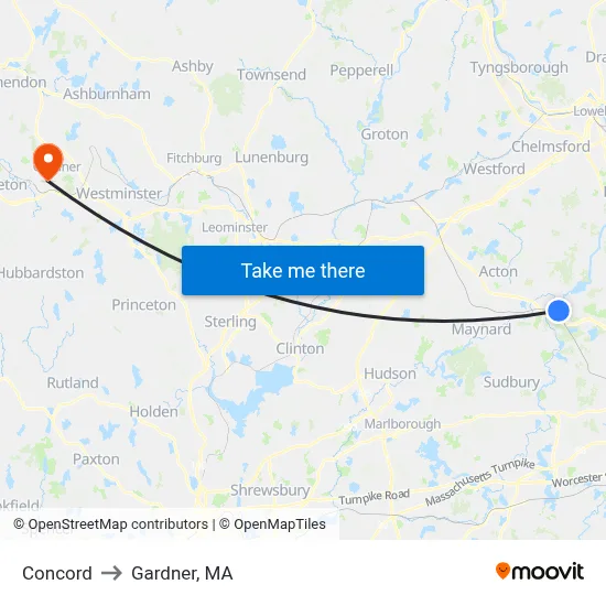 Concord to Gardner, MA map