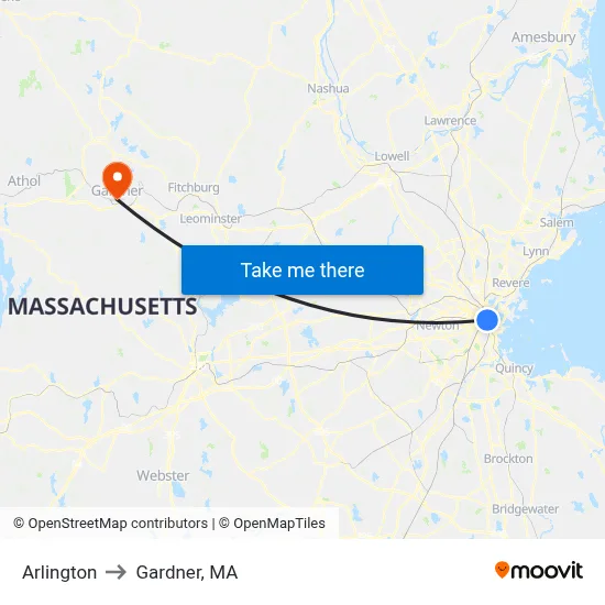 Arlington to Gardner, MA map