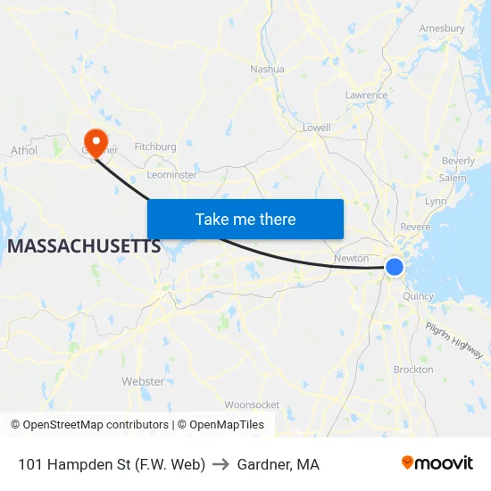101 Hampden St (F.W. Web) to Gardner, MA map