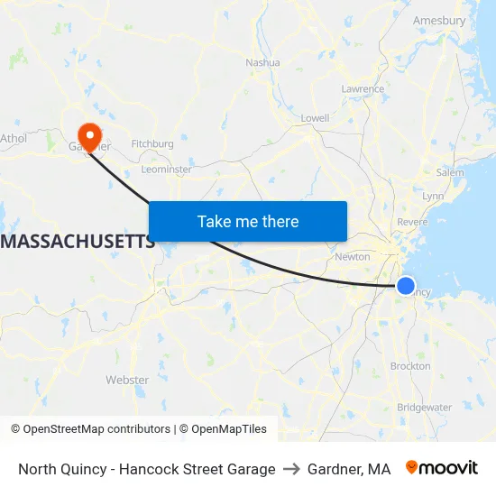 North Quincy - Hancock Street Garage to Gardner, MA map