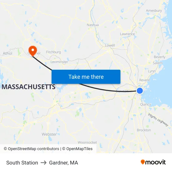 South Station to Gardner, MA map