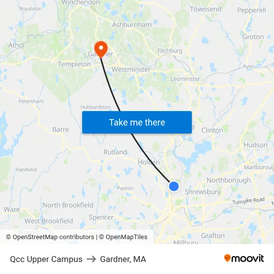 Qcc Upper Campus to Gardner, MA map