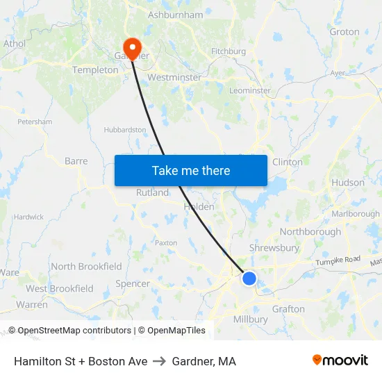 Hamilton St + Boston Ave to Gardner, MA map