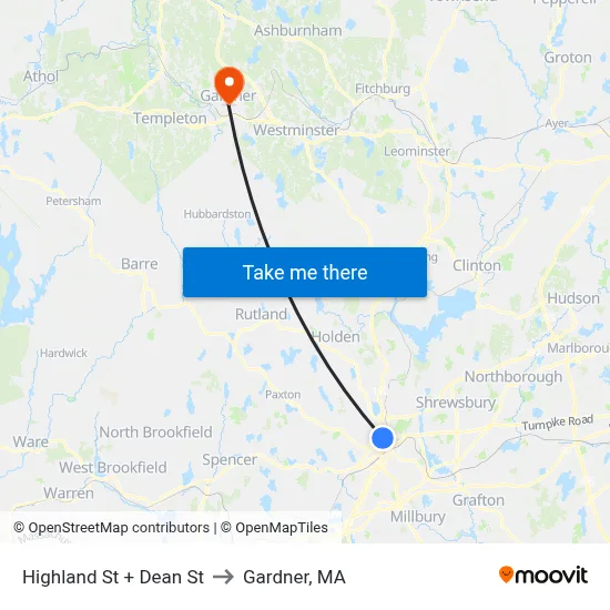 Highland St + Dean St to Gardner, MA map