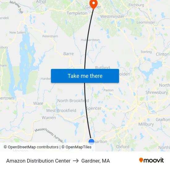 Amazon Distribution Center to Gardner, MA map