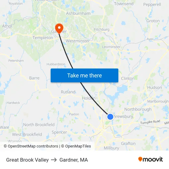 Great Brook Valley to Gardner, MA map