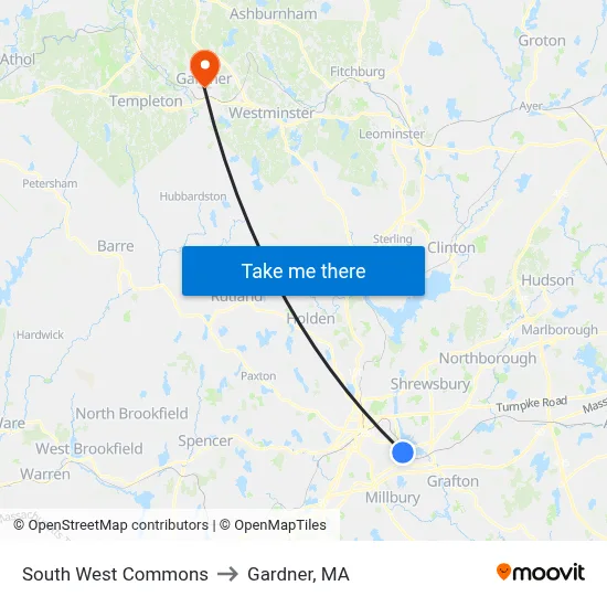 South West Commons to Gardner, MA map