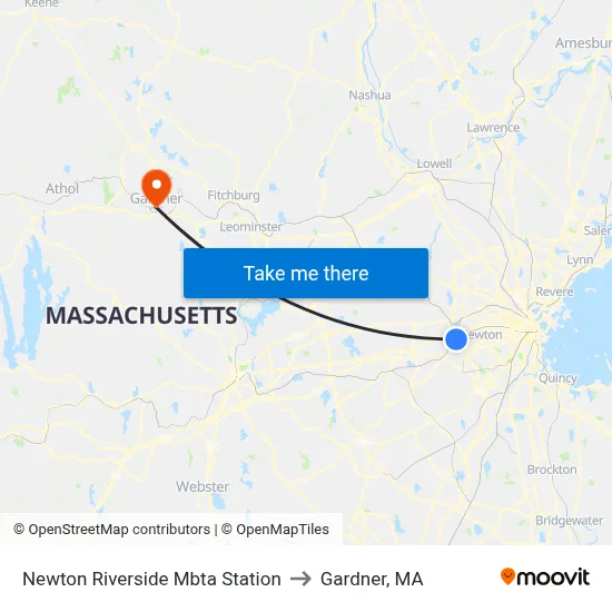 Newton Riverside Mbta Station to Gardner, MA map