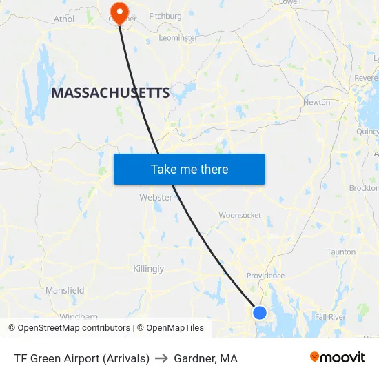 TF Green Airport (Arrivals) to Gardner, MA map