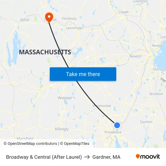 Broadway & Central (After Laurel) to Gardner, MA map