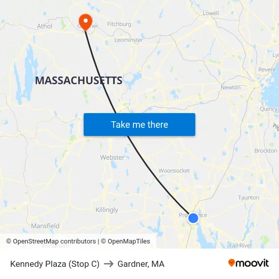 Kennedy Plaza (Stop C) to Gardner, MA map