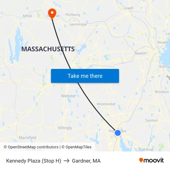 Kennedy Plaza (Stop H) to Gardner, MA map