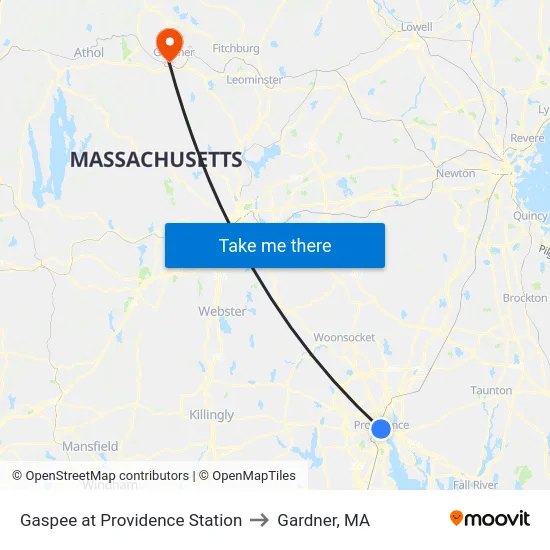 Gaspee at Providence Station to Gardner, MA map