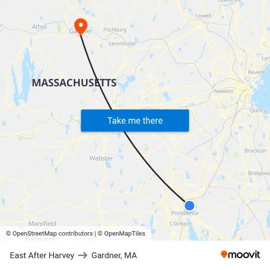 East After Harvey to Gardner, MA map