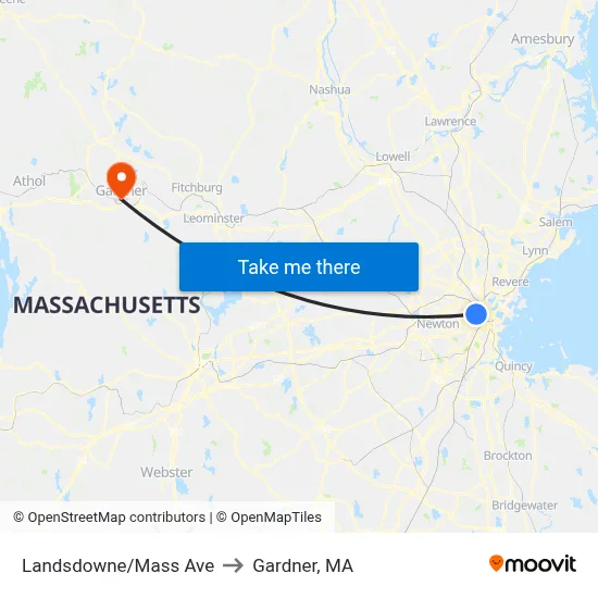 Landsdowne/Mass Ave to Gardner, MA map
