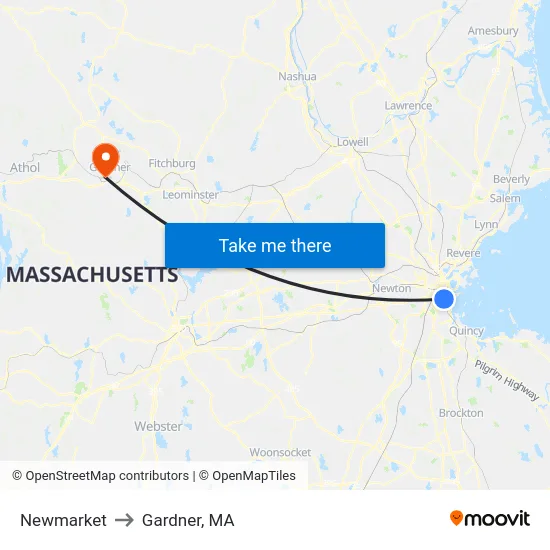 Newmarket to Gardner, MA map