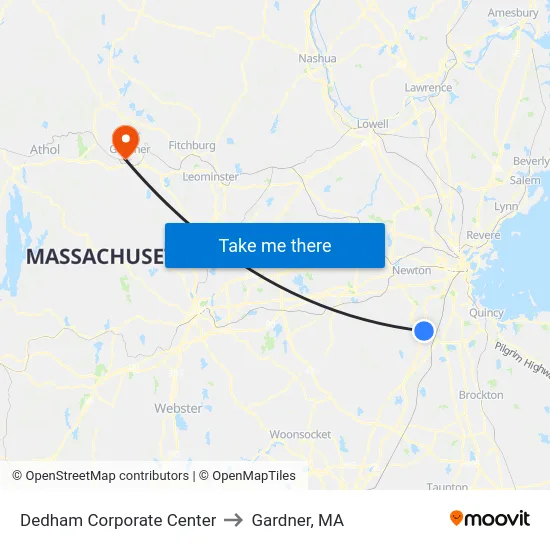 Dedham Corporate Center to Gardner, MA map