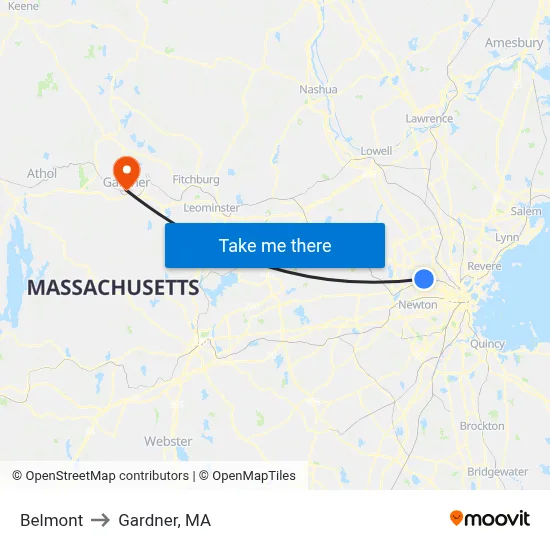 Belmont to Gardner, MA map