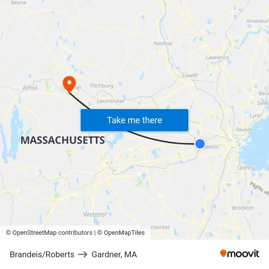 Brandeis/Roberts to Gardner, MA map