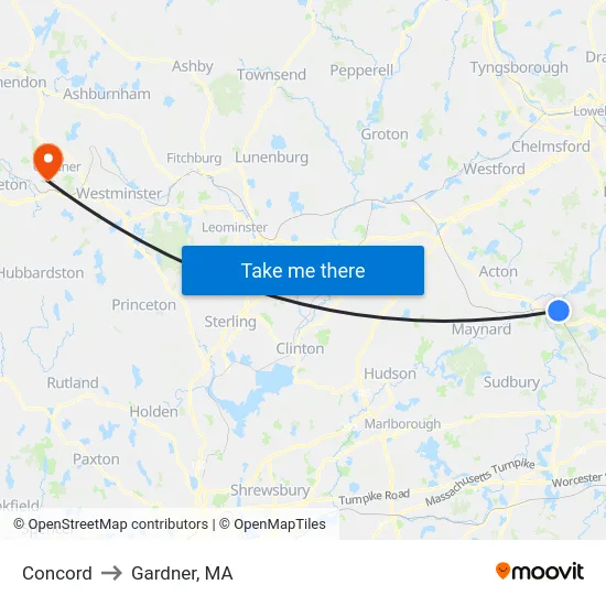 Concord to Gardner, MA map