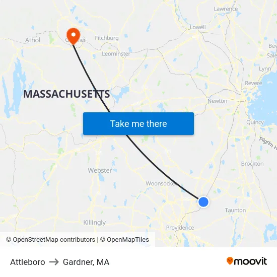 Attleboro to Gardner, MA map
