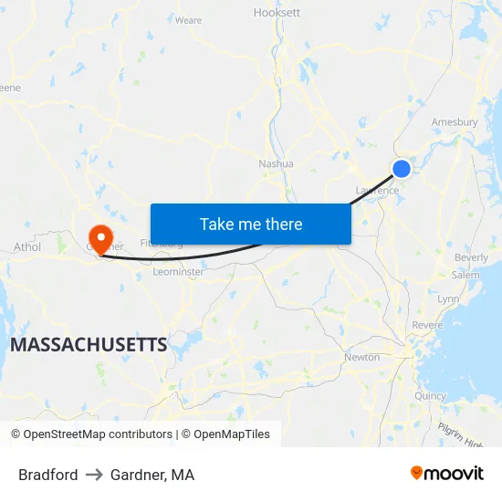 Bradford to Gardner, MA map