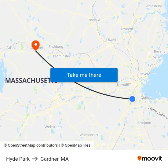 Hyde Park to Gardner, MA map