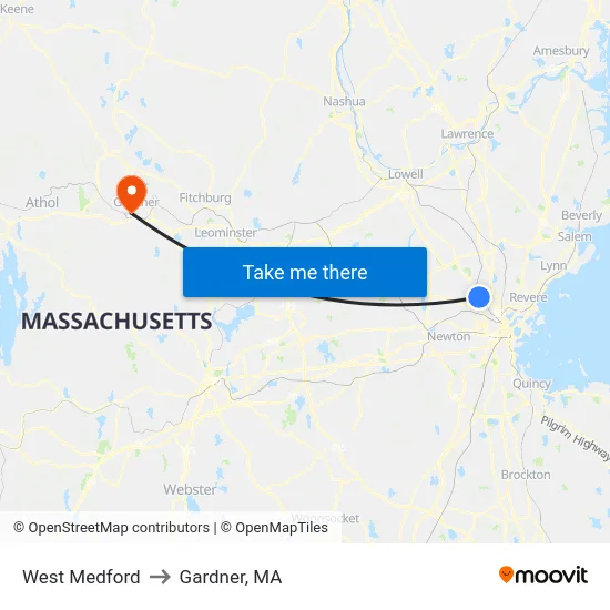 West Medford to Gardner, MA map