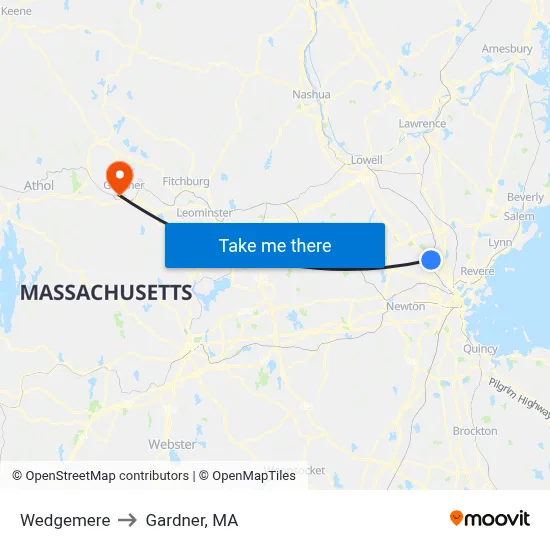 Wedgemere to Gardner, MA map