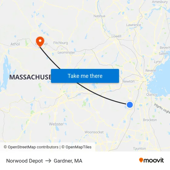 Norwood Depot to Gardner, MA map