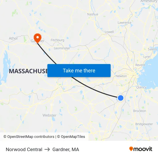 Norwood Central to Gardner, MA map