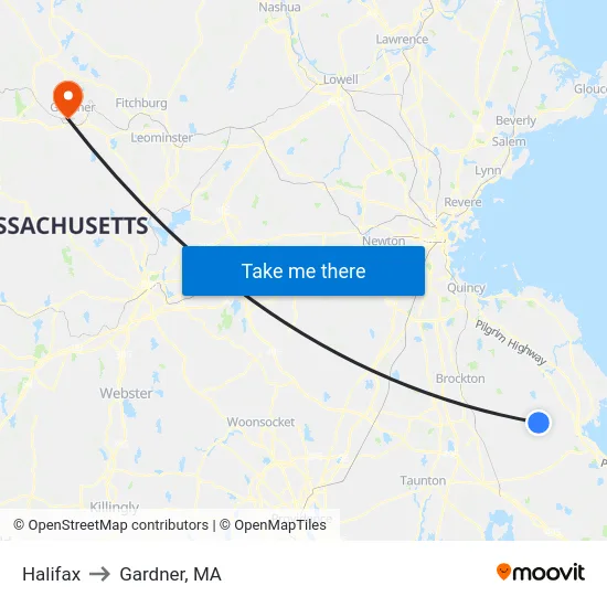 Halifax to Gardner, MA map