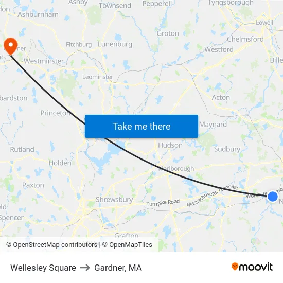 Wellesley Square to Gardner, MA map