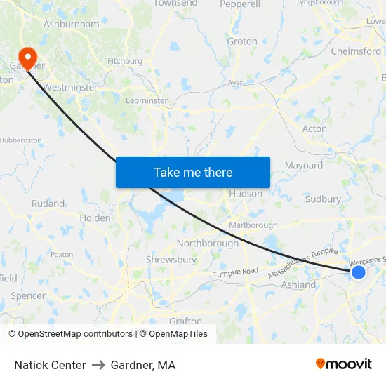Natick Center to Gardner, MA map