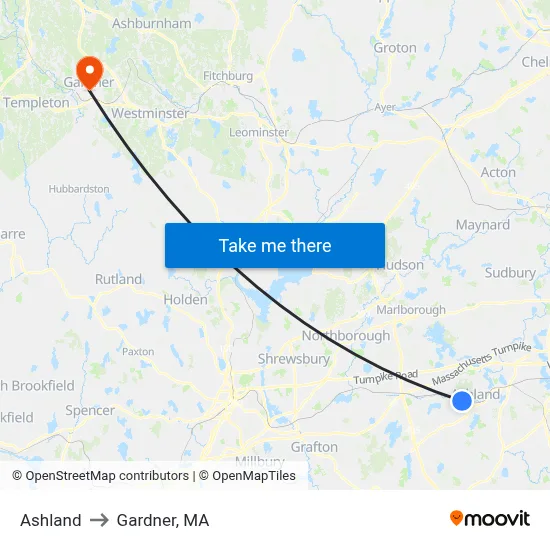 Ashland to Gardner, MA map