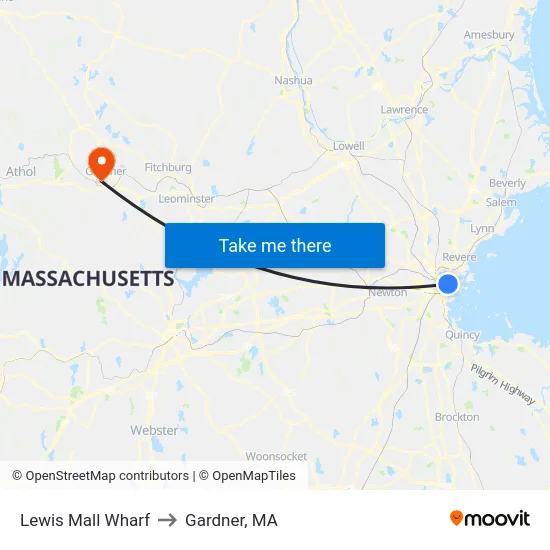 Lewis Mall Wharf to Gardner, MA map