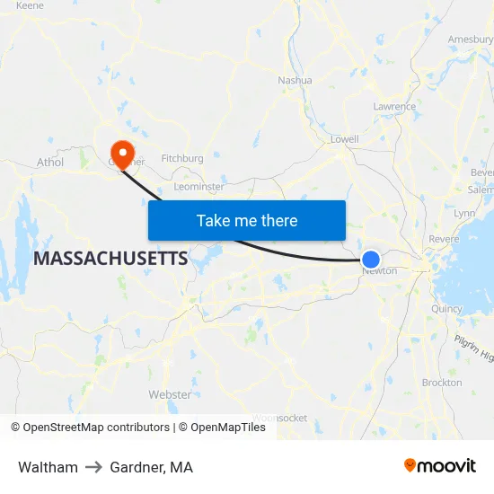 Waltham to Gardner, MA map