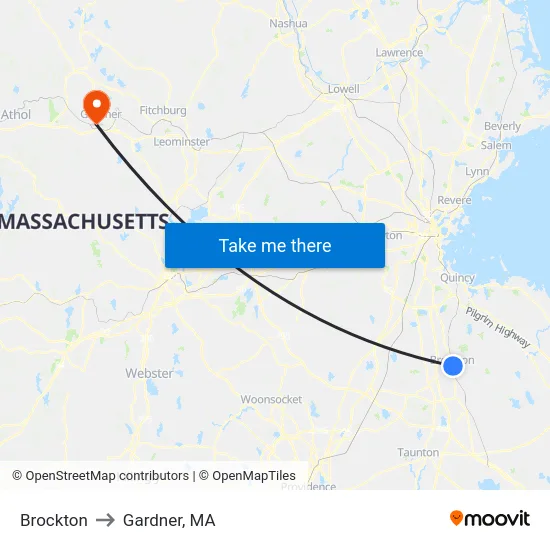 Brockton to Gardner, MA map