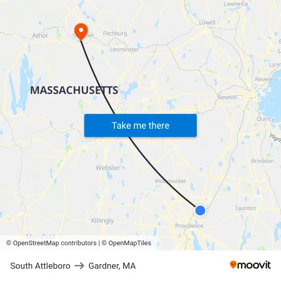 South Attleboro to Gardner, MA map