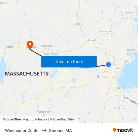 Winchester Center to Gardner, MA map