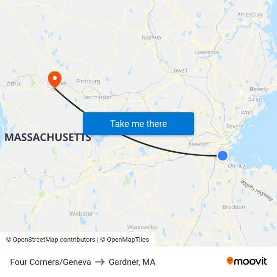 Four Corners/Geneva to Gardner, MA map