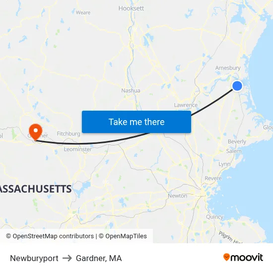 Newburyport to Gardner, MA map