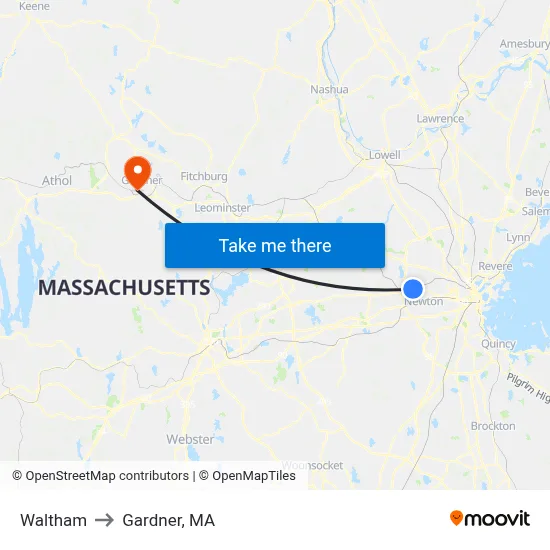 Waltham to Gardner, MA map