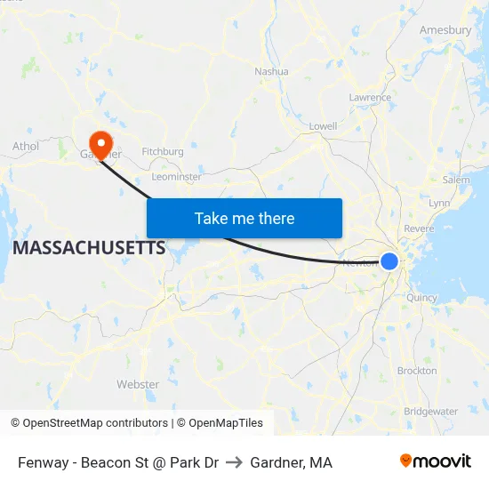 Fenway - Beacon St @ Park Dr to Gardner, MA map
