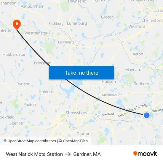 West Natick Mbta Station to Gardner, MA map