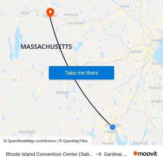 Rhode Island Convention Center (Sabin) to Gardner, MA map