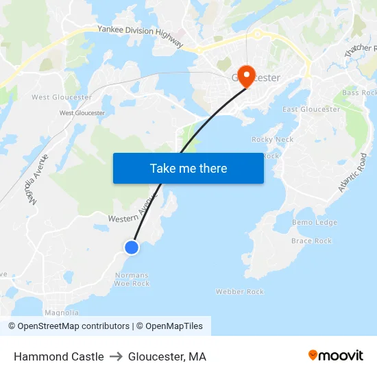 Hammond Castle to Gloucester, MA map