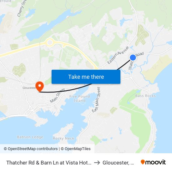 Thatcher Rd & Barn Ln at Vista Hotel to Gloucester, MA map