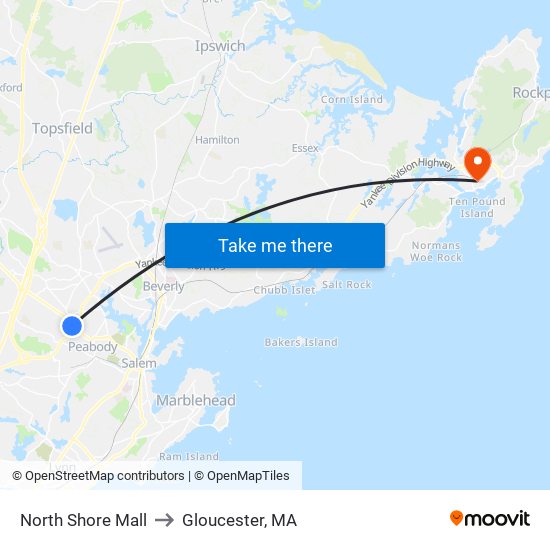 North Shore Mall to Gloucester, MA map