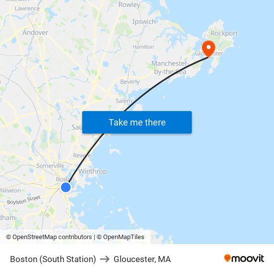 Boston (South Station) to Gloucester, MA map